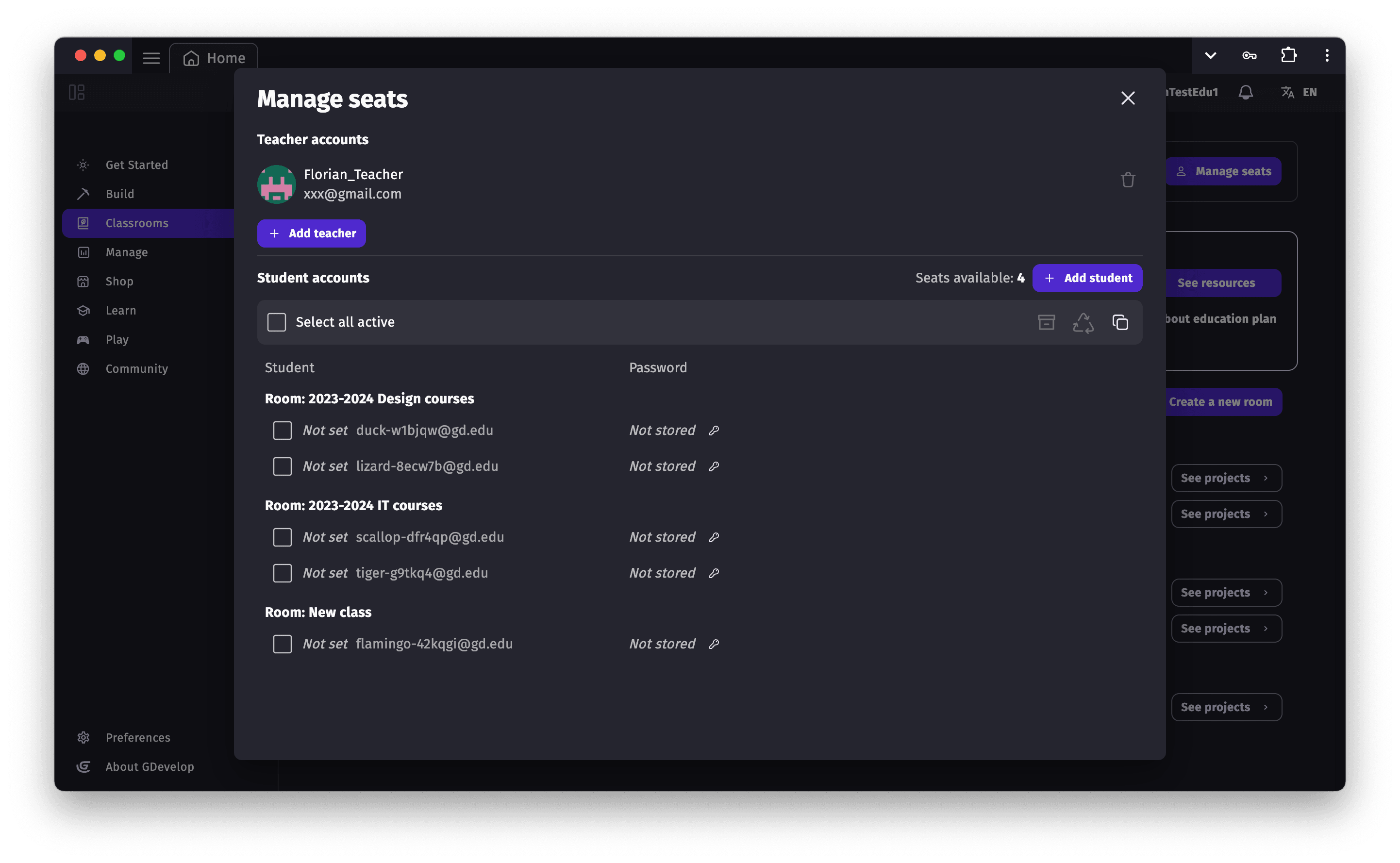 The "Manage Seats" page for education
